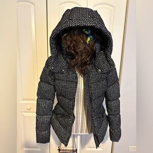 Mackage Madalyn flocked medium down coat. Black white